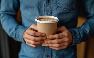 Man holding a coffee cup while standing against a textured red wall on a sunny day photo