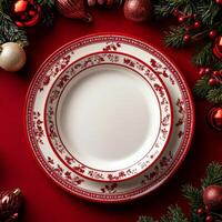 Elegant red and white plate surrounded by festive holiday decorations on a vibrant background photo