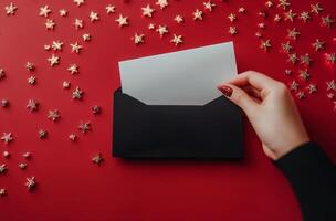 A hand holding a white envelope beside a black card on a red table with scattered glitter photo