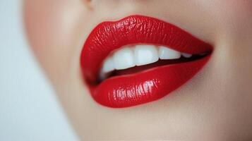 Close up view of a models lips featuring bold red lipstick with a glossy finish photo