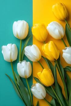Fresco blanco y amarillo tulipanes arreglado en un vibrante amarillo y verde azulado antecedentes para primavera decoración foto