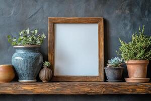 Decorative interior display with plants and empty frame on wooden shelf against blue wall photo