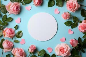 Romantic floral arrangement with pink roses and heart shapes around a blank circular plate photo