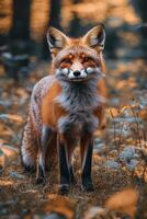 A vibrant red fox standing gracefully in the forest during autumn with colorful foliage nearby photo