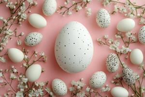 Elegant decorative arrangement of white eggs and blossoms on a pink background for spring photo