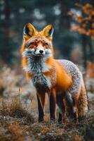 A vibrant red fox standing gracefully in the forest during autumn with colorful foliage nearby photo