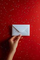 A hand holds a white envelope against a vibrant red background decorated with silver stars photo