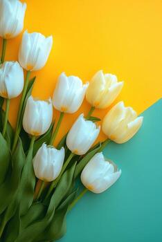 Fresco blanco y amarillo tulipanes arreglado en un vibrante amarillo y verde azulado antecedentes para primavera decoración foto