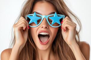 Cheerful woman wearing star shaped sunglasses and smiling against a bright blue background photo