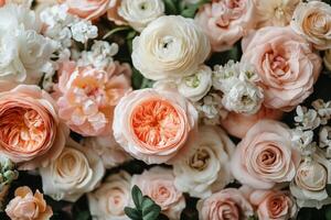 A beautiful arrangement of soft pink roses and white flowers in a delicate floral display photo