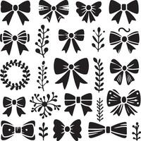 A collection of 25 black and white silhouette illustrations of bows, wreaths, and floral elements vector