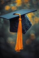 Graduating cap with golden tassel displayed outdoors against a blurred background photo