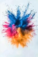 Colorful powder explosion against a white backdrop creates a vibrant display of hues in motion photo
