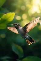 A hummingbird hovers delicately in a vibrant green garden during a sunny afternoon photo
