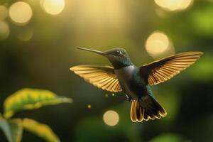 un colibrí flotando graciosamente entre plantas en un sereno acuático ambiente en luz foto