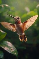A hummingbird hovers delicately in a vibrant green garden during a sunny afternoon photo