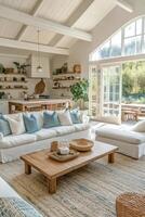 Cozy living room with large windows and natural decor in a serene home setting during daylight photo