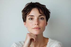 A thoughtful woman poses with chin resting on hand in a minimalist setting during daylight photo