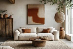 Cozy living room with natural elements and warm tones in a modern interior design setting photo