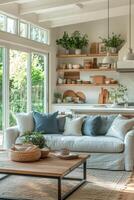 Cozy living room with large windows and natural decor in a serene home setting during daylight photo