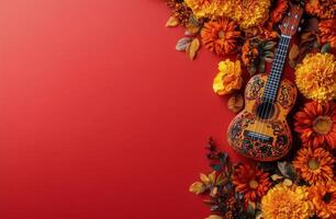 A vibrant ukulele surrounded by colorful autumn flowers on a bold red background photo