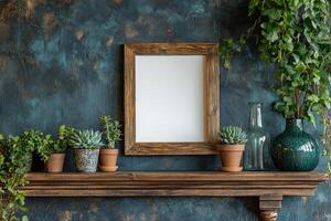 Decorative interior display with plants and empty frame on wooden shelf against blue wall photo