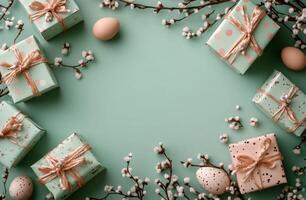 Decorative Easter gifts with speckled eggs and willow twigs on a teal background photo