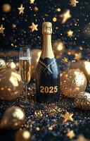 Festive New Year celebration setup with champagne and golden decorations for 2025 photo