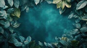 Green leaves surrounding a textured teal background in a natural setting for decoration photo