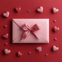 A beautifully wrapped pink gift box with a ribbon surrounded by heart shapes on a red background photo