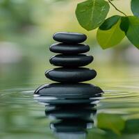 Stacked black stones with green leaves in calm water creating a serene atmosphere photo