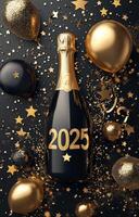 Festive New Year celebration setup with champagne and golden decorations for 2025 photo