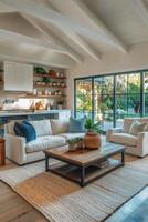 Cozy living room with large windows and natural decor in a serene home setting during daylight photo