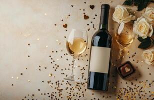 Elegant white wine bottle with glass and heart shaped decorations on a tabletop background photo