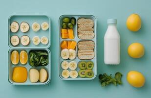 Fresh and colorful lunch boxes with fruits and sandwiches on a light blue background photo