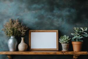 Decorative interior display with plants and empty frame on wooden shelf against blue wall photo