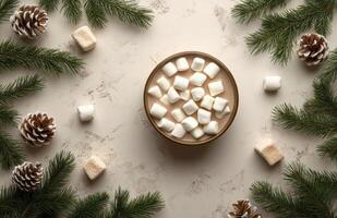 Warm cocoa topped with marshmallows surrounded by pine branches and pinecones for winter photo