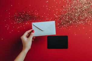 A hand holding a white envelope beside a black card on a red table with scattered glitter photo