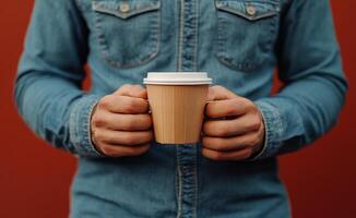 Man holding a coffee cup while standing against a textured red wall on a sunny day photo