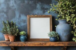 Decorative interior display with plants and empty frame on wooden shelf against blue wall photo