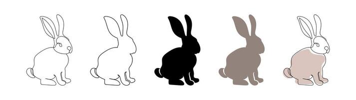 Set of Rabbits isolated on a white background. Includes black silhouette, outline, continuous one line drawing and colored versions. Concept of Easter Bunny, Cute hare. pet, animal, design elements vector