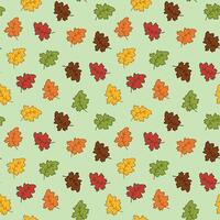 Seamless Pattern of Autumn Leaves in Vibrant Colors on Green background. Concept of Fall Season, Nature, Leaf Variety, Decorative Design Element, Autumnal Wallpaper, Wrapping paper, Print, Textile vector