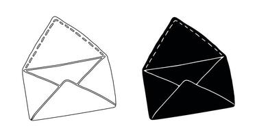 conjunto de dibujado a mano sobres en negro silueta y describir. aislado en blanco antecedentes. concepto de papelería, papel artesanía, linda diseño elementos, invitación. imprimir, modelo vector