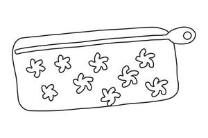 Black outline of Pencil Case with Flower Patterns isolated on white background. Concept of School Supplies, Stationery, Cute Design, Student Essentials. Zippered Pouch for Organization and Storage vector