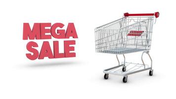 Supermarket Cart And Mega Sale Title On White Loop 3D Animation video