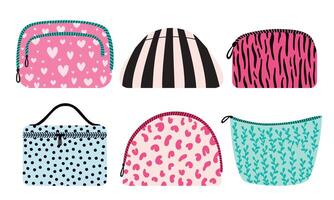 Set of cosmetic bags with different prints in flat style. Make up bags with animal prints, hearts, leaves and dots set vector
