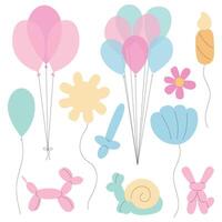 Set of balloon different shapes. Dog, rabbit, shell, snail, sun, candle and balloon fountain set vector