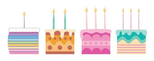 Set of various birthday slices of cakes with candles. Rainbow cake and chocolate slice of cake vector