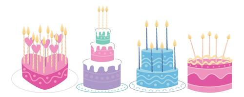 Set of birthday cakes with candles. flat three tier cake, heart cake set vector