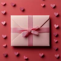 A beautifully wrapped pink gift box with a ribbon surrounded by heart shapes on a red background photo